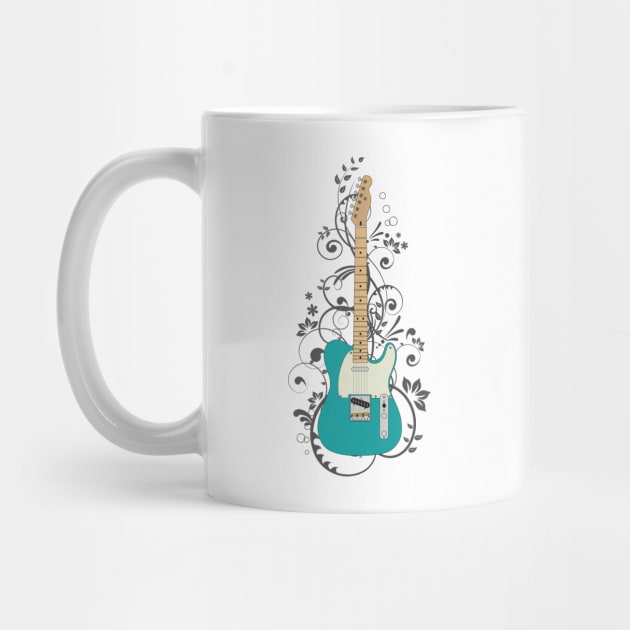 Teal T-Style Electric Guitar Flowering Vines by nightsworthy